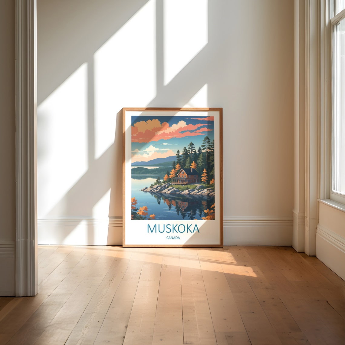 Vintage Muskoka Canada Autumn Lake Cabin Landscape Scene Poster - Image 6