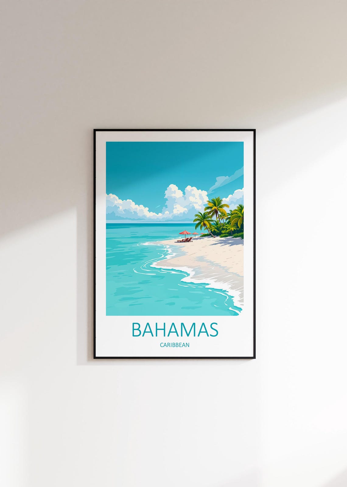Bahamas Caribbean White Sand Beach With Palms and Umbrellas Poster - Image 3