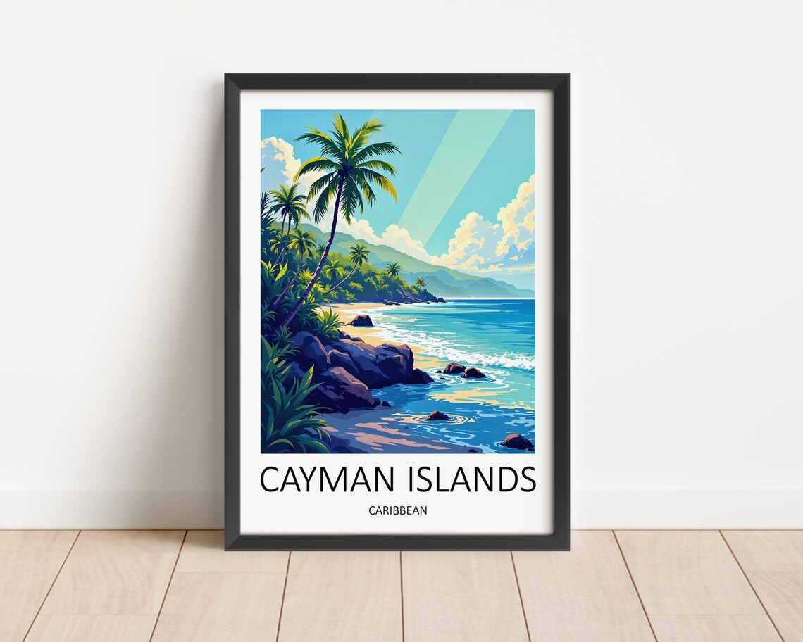 Cayman Islands Caribbean Tropical Beach Palm Trees Bay Travel Poster