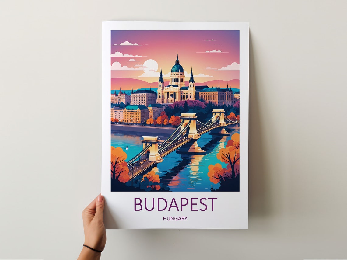 Budapest Hungary Chain Bridge Basilica Sunset Danube Travel Poster - Image 5