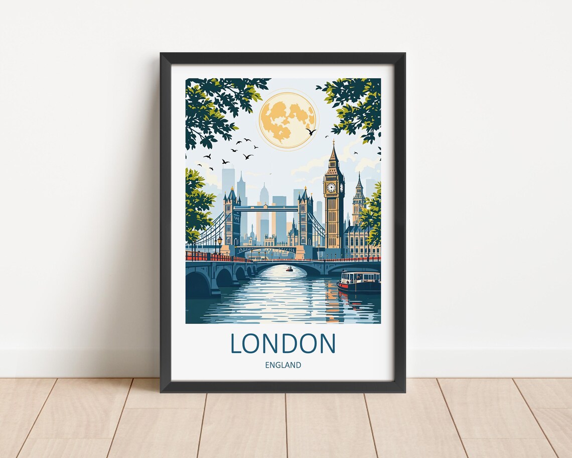 London England Tower Bridge Big Ben Moonlit Thames River Poster