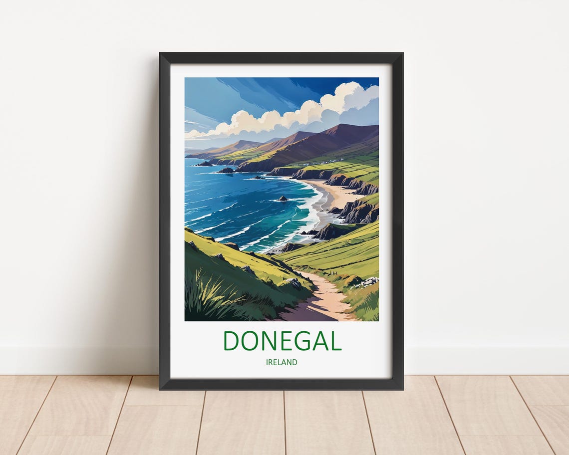 Donegal Ireland Green Coast Cliff Path Beach Vintage Travel Poster