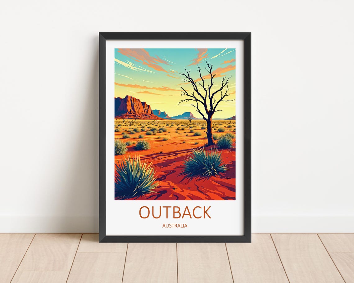 Outback Australia Red Desert Sunset Bare Tree and Mesa Peaks Poster