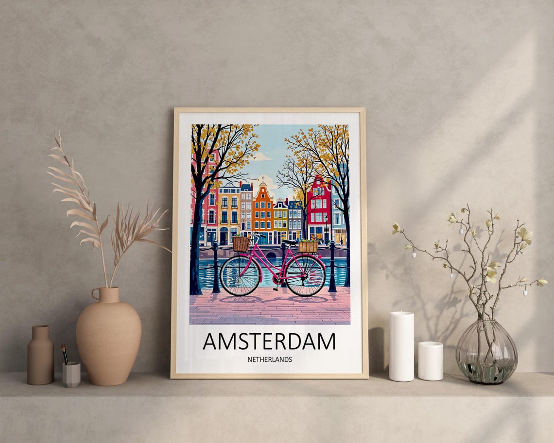Amsterdam Netherlands Canal With Pink Bicycle and Houses Poster - Image 2