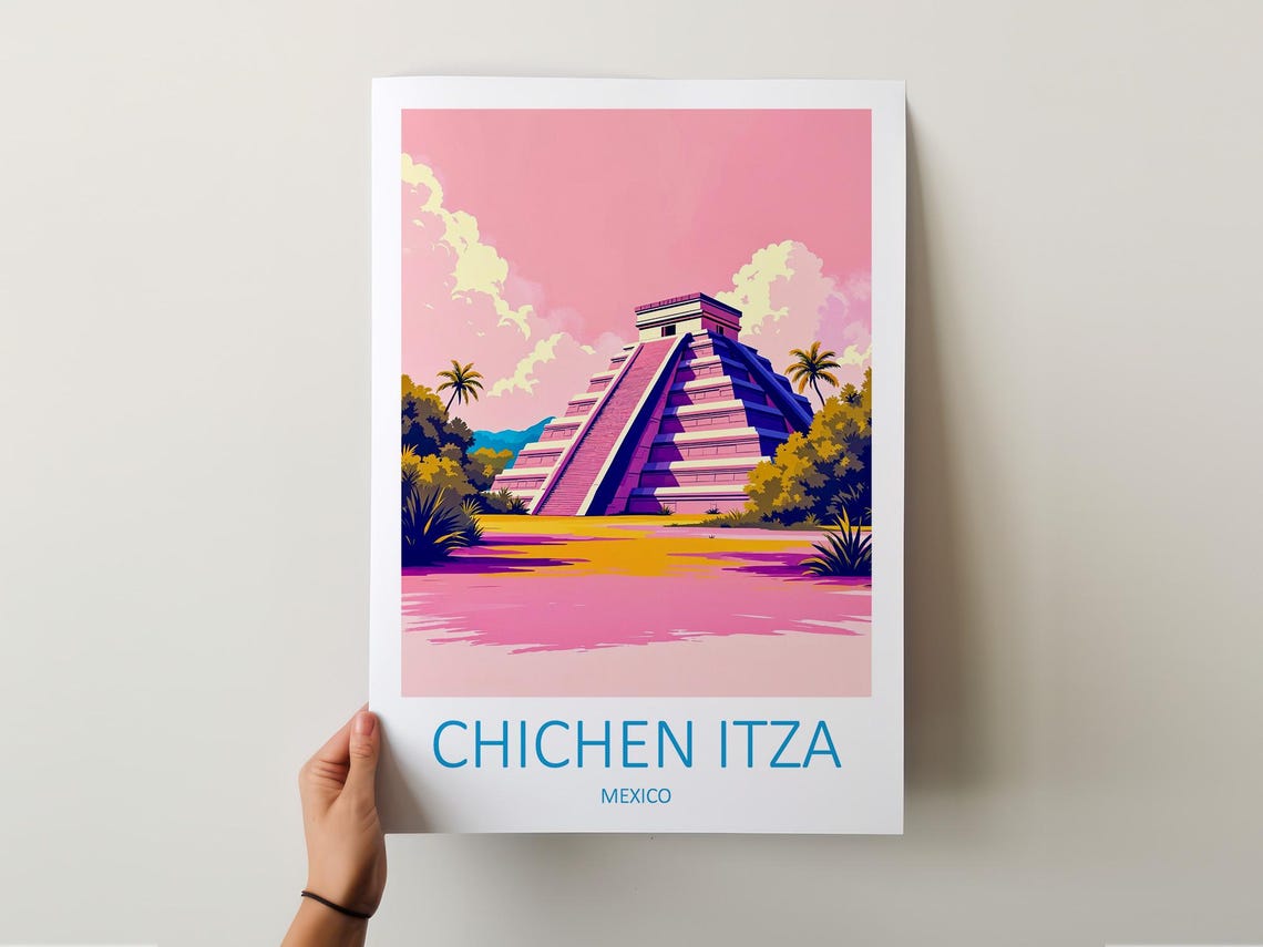 Chichen Itza Mexico Mayan Pyramid Pink Sunset Sky Travel Poster - Image 6