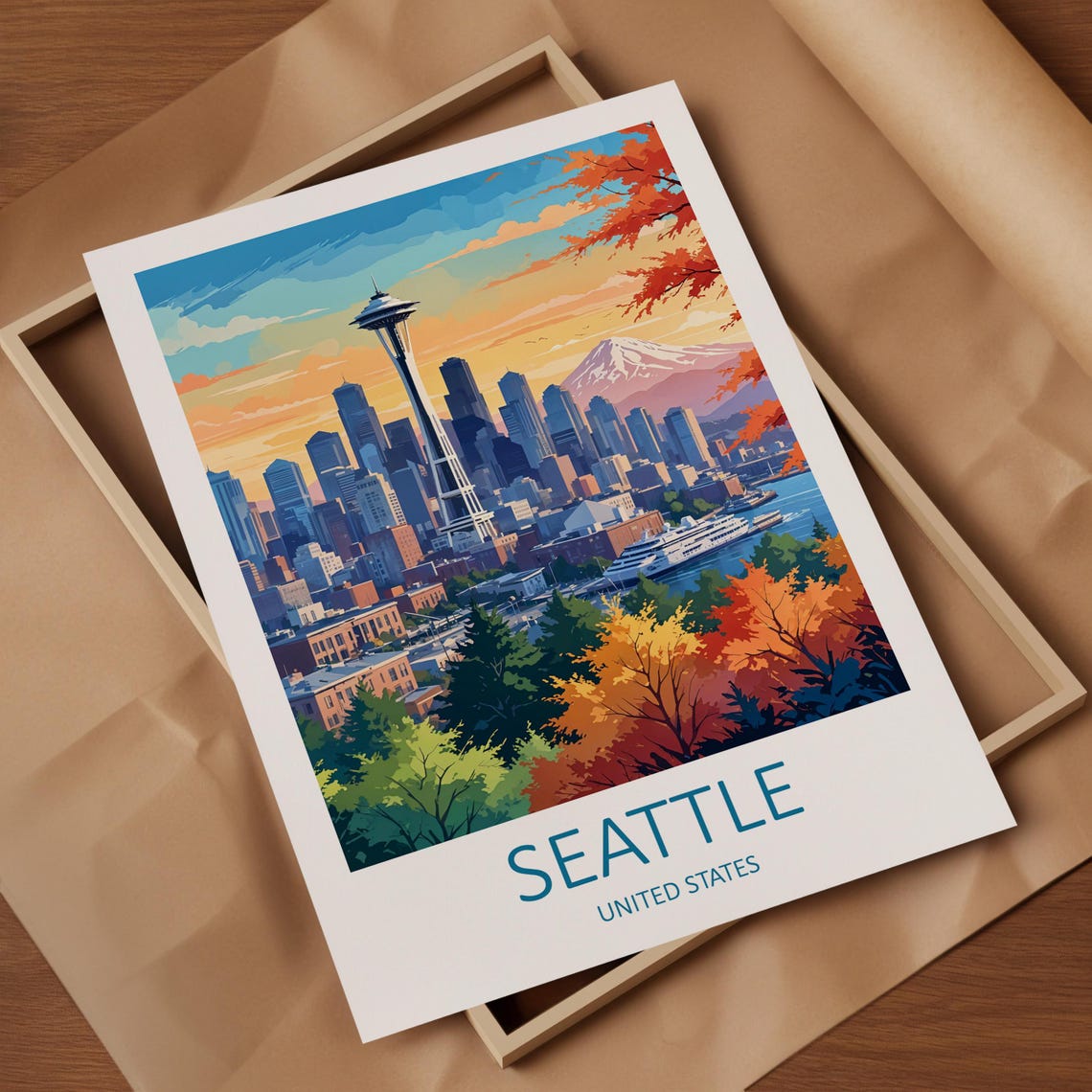 Seattle Washington Space Needle Skyline in Autumn Colors Poster - Image 4