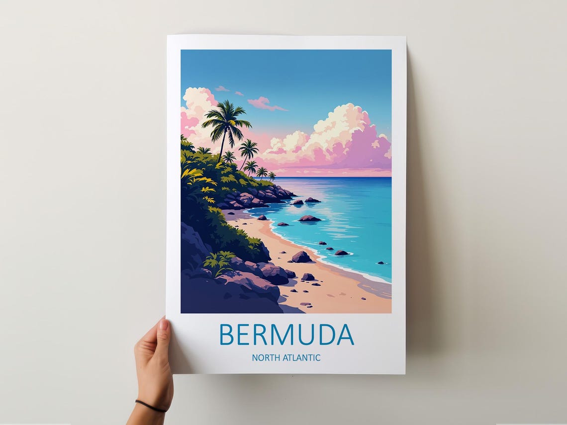 Bermuda North Atlantic Palm Lined Sandy Beach Cove Scene Poster - Image 5