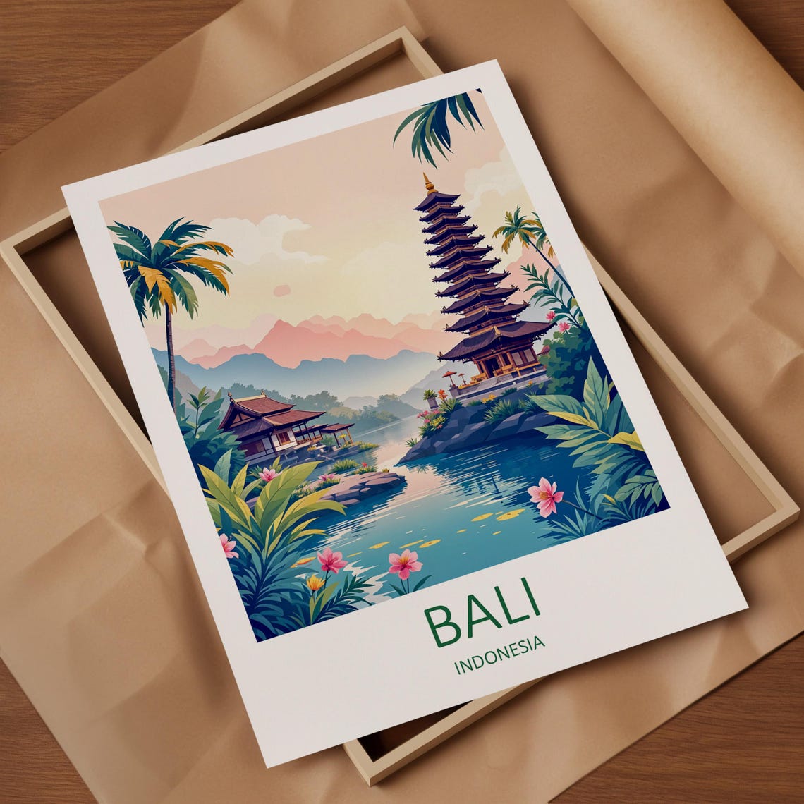 Bali Indonesia Lake Temple Pagoda Tropical Palms Garden Poster - Image 4