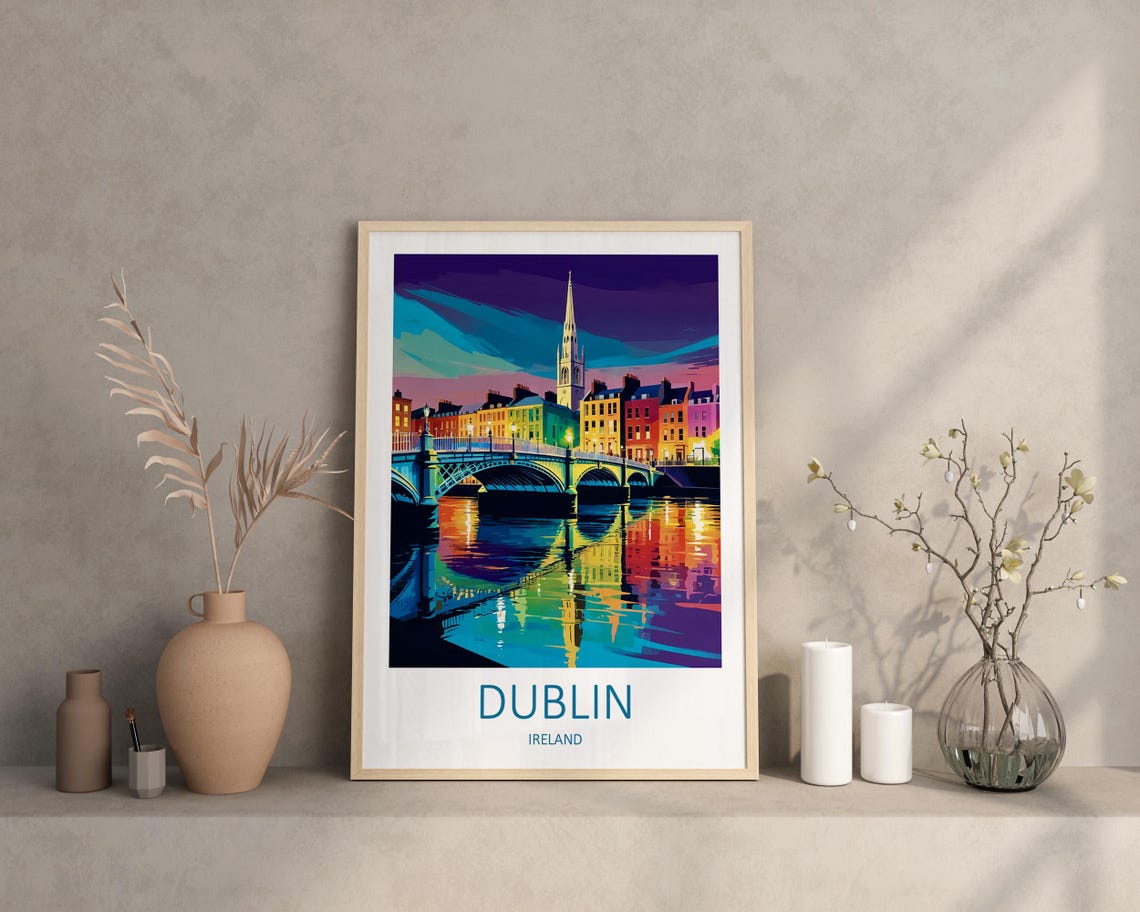Dublin Ireland Night River Bridge City Lights Vintage Travel Poster - Image 2