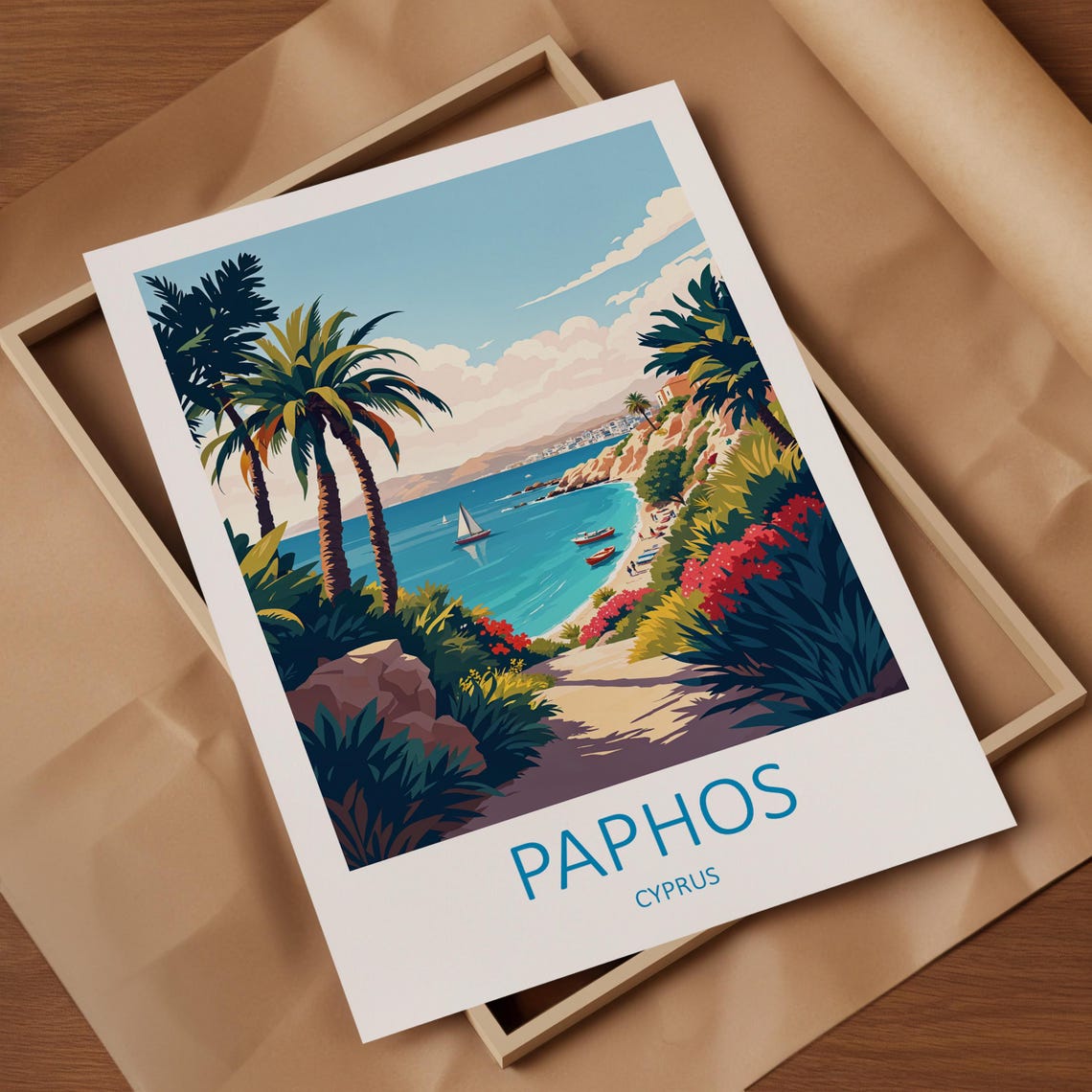 Paphos Cyprus Palm Lined Path Down To An Azure Beach Cove Poster - Image 4