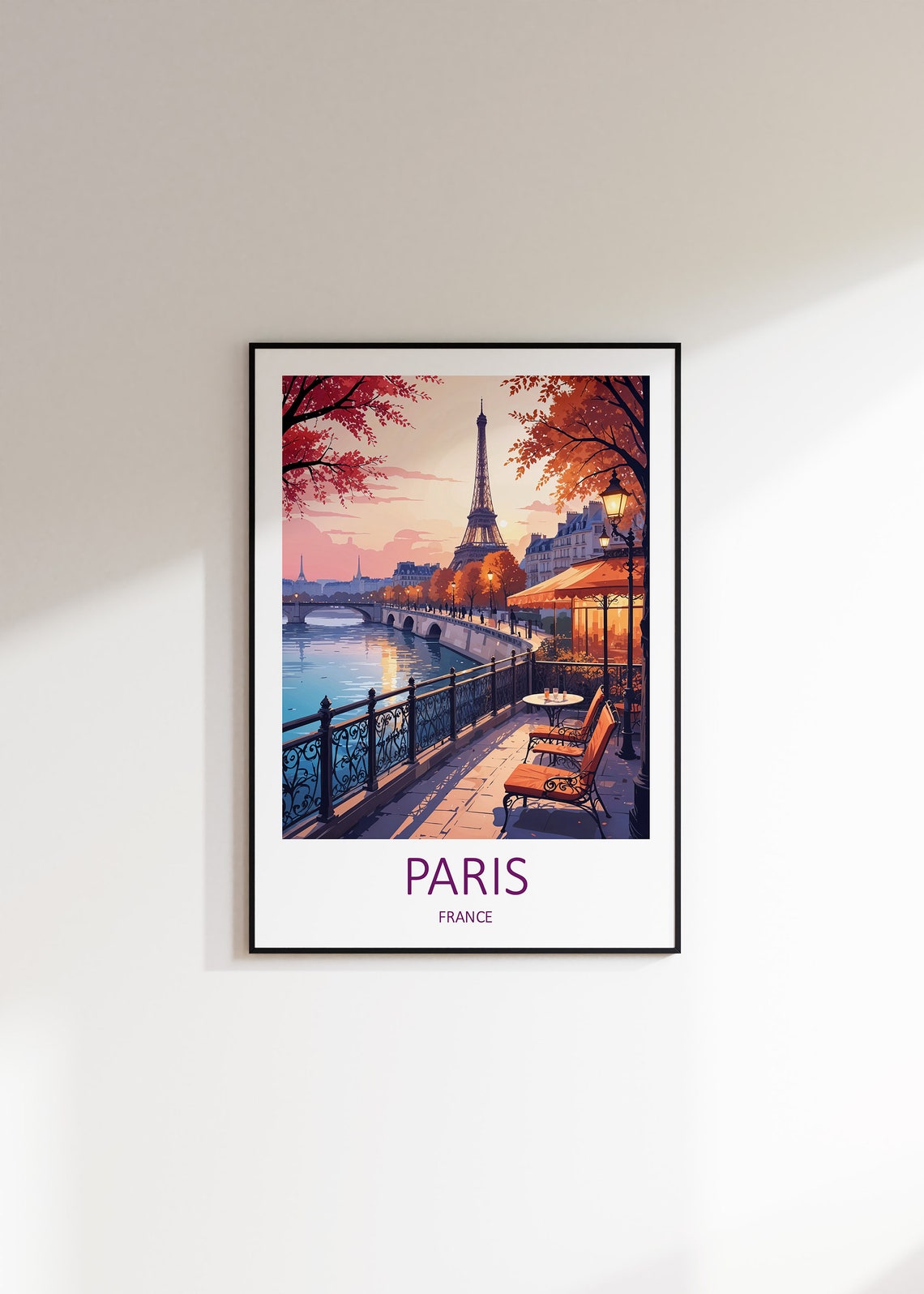 Paris France Eiffel Tower and Seine Riverside Cafe at Dusk Poster - Image 3