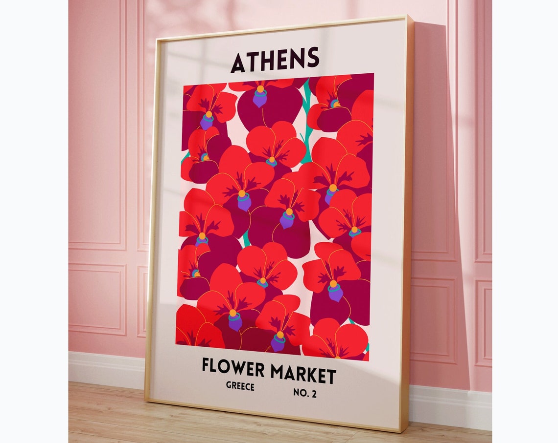 Athens Greece Flower Market Bold Red Orchid Botanical Art Print