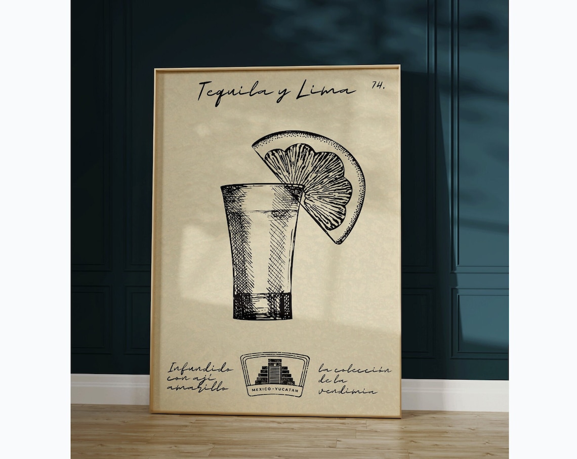 Tequila y Lima Vintage Engraved Shot Glass Mexican Cocktail Art Poster - Image 2