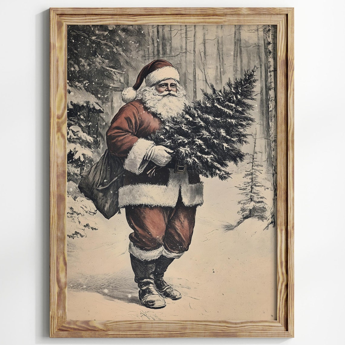 Vintage Santa Carrying Christmas Tree Through Snowy Forest Poster