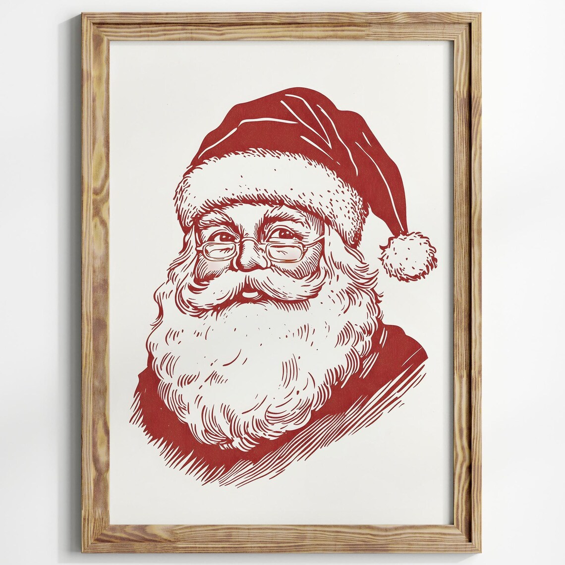 Vintage Red Line Art Santa Claus Portrait With Glasses Poster