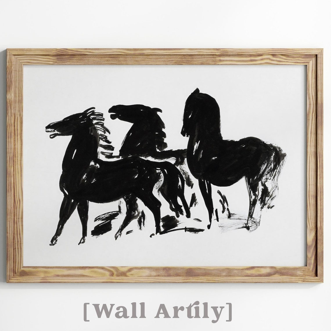 Three Black Horses Ink Sketch Minimalist Equestrian Art Poster