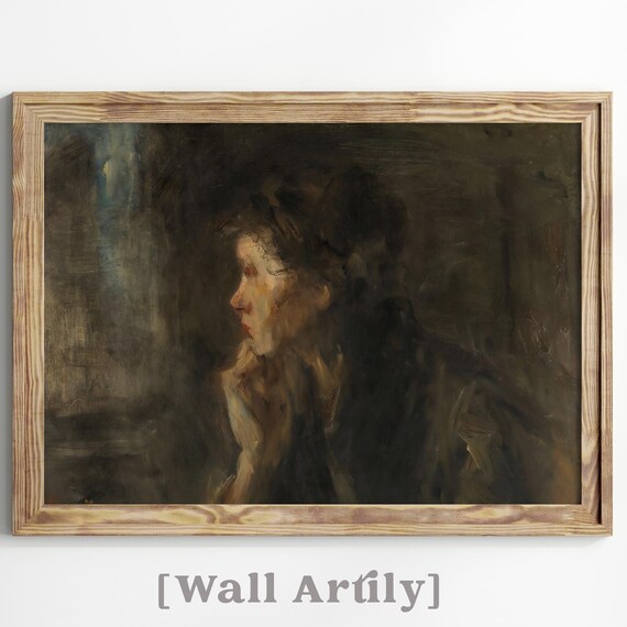 Moody Dark Oil Portrait Woman Profile Dramatic Antique Decor Poster
