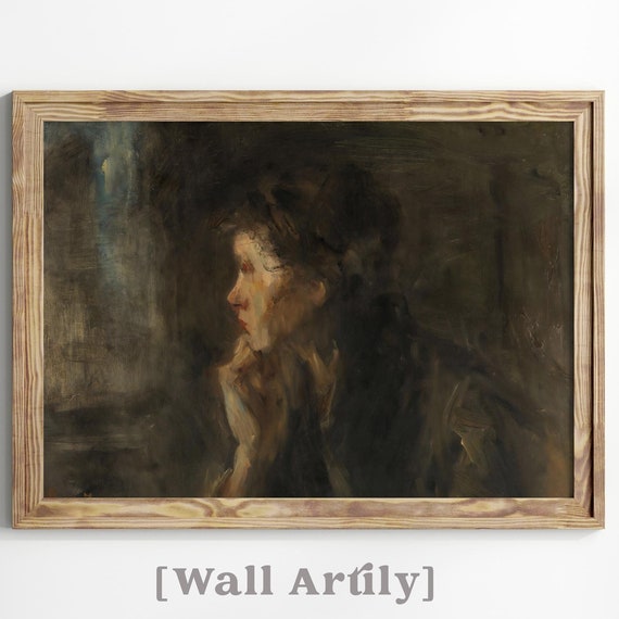 Vintage Portrait Of A Lady Wall Art Antique Oil Painting Moody Neutral Warm Farmhouse Wall Decor Print
