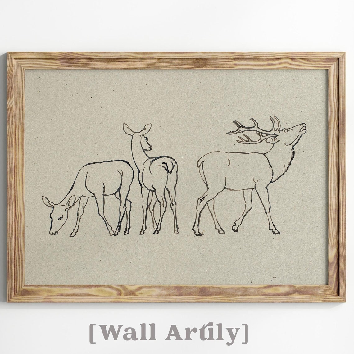 Deer Stag And Does Minimalist Line Drawing Rustic Animal Poster