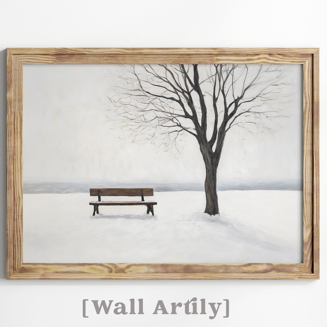 Snowy Park Bench Bare Tree Minimalist Winter Landscape Poster