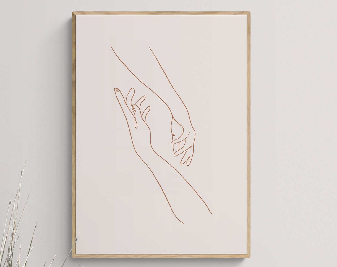 Minimalist One Line Art Couple Hands Reaching Terracotta Modern Poster