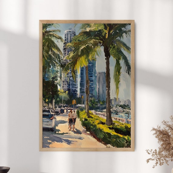 Miami Skyline Art Print Tropical Cityscape Oil Painting Poster