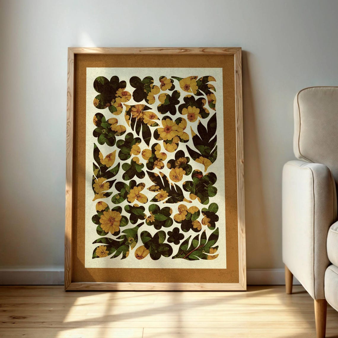 Pressed Yellow Flower Collage Poster Vintage Botanical Butterfly Decor