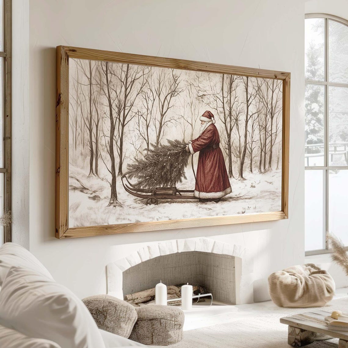 Santa Pulling Tree Sled through Bare Winter Forest Sketch Poster - Image 3
