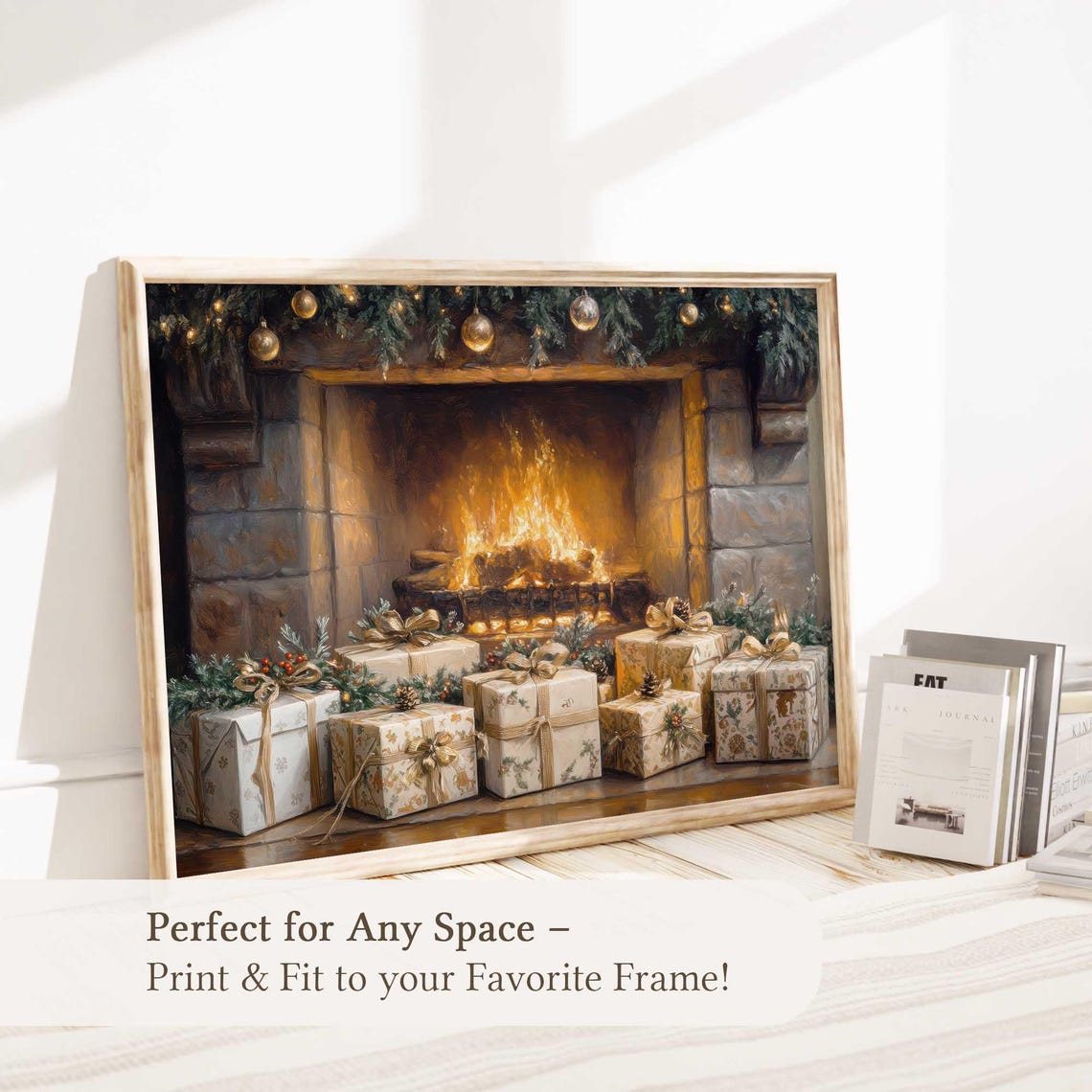 Stone Fireplace Crackling Fire Wrapped Gifts Cozy Christmas Wall Art - Image 5