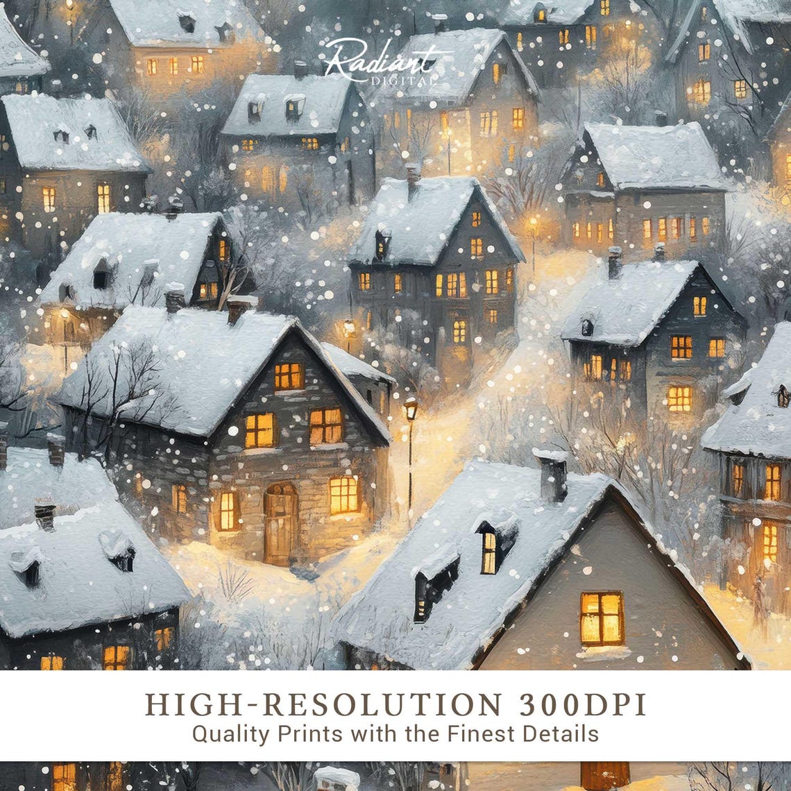 Snowy Village Glowing Windows Winter Night Watercolor Poster - Image 3