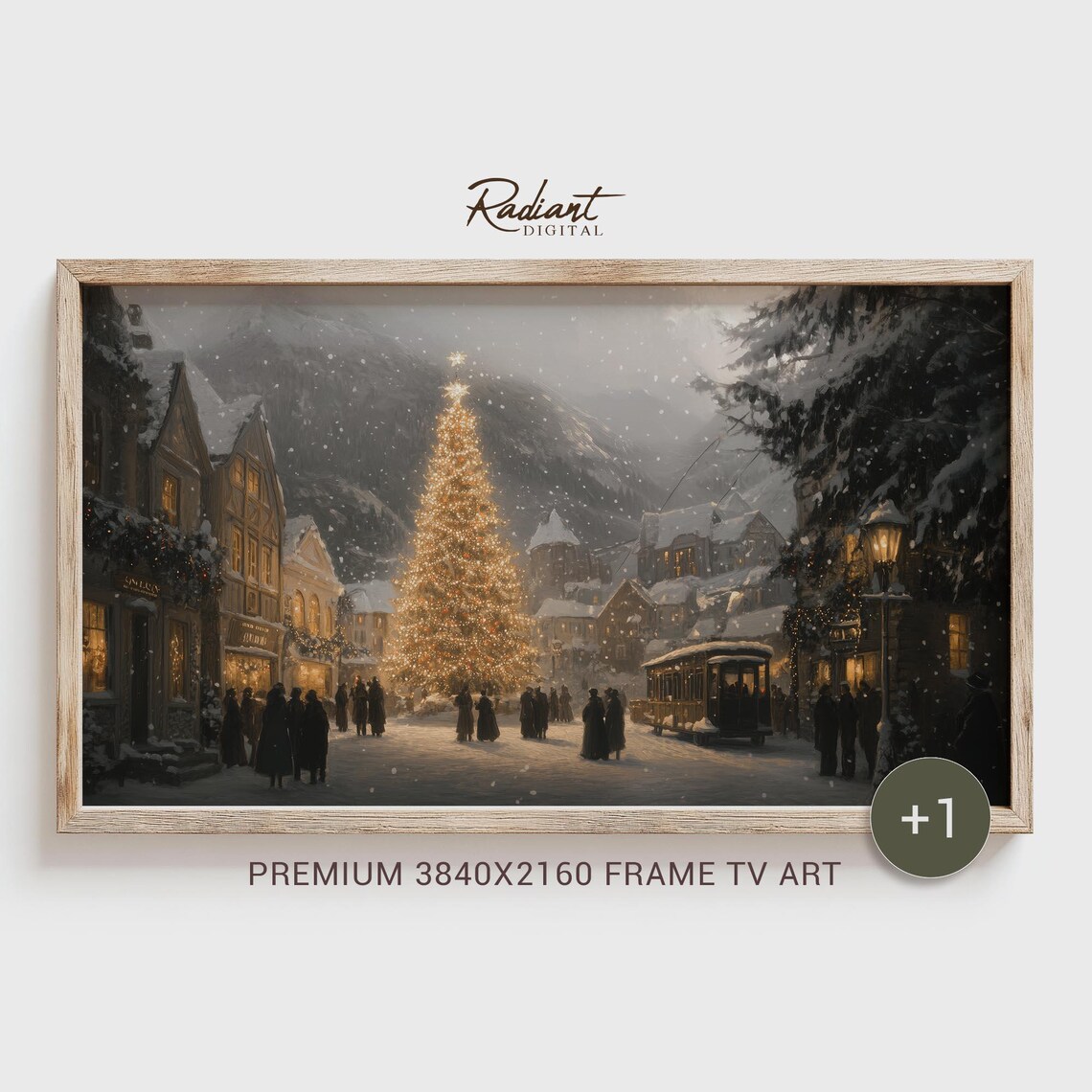 Alpine Christmas Town Night Streetcar Scene and Falling Snow Poster