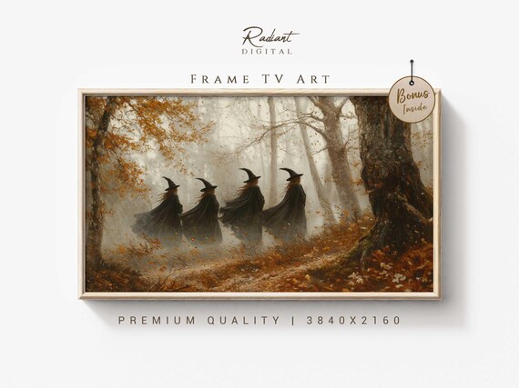 Four Witches Strolling Golden Autumn Forest Fog Halloween Poster