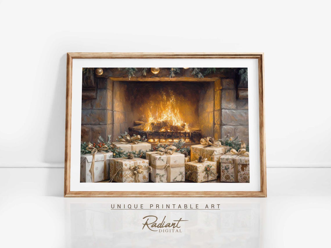 Stone Fireplace Crackling Fire Wrapped Gifts Cozy Christmas Wall Art
