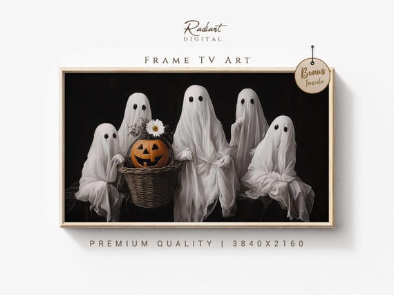Ghostly Halloween Frame Tv Art Vintage Spooky Decor Cute Ghosts Tv Art Fall Halloween Display Retro Ghost Scene Pumpkin Tv Wall Art