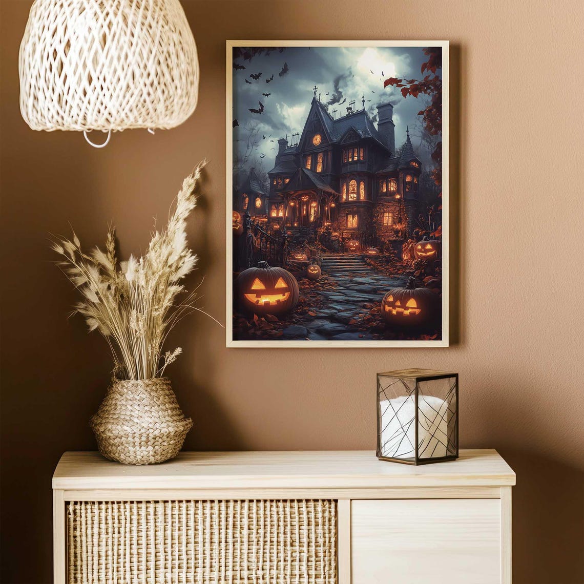 Haunted House Jack O Lanterns Bats Moonlit Night Halloween Art Poster - Image 5