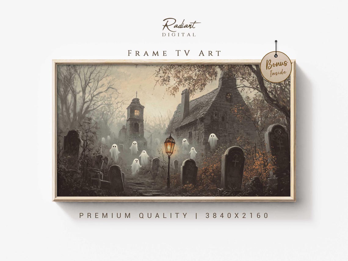 Spooky Graveyard Ghosts Haunted Church Halloween Night Wall Art