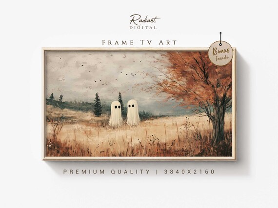 Two Cute Ghosts in Autumn Field Fall Landscape Halloween Art Poster
