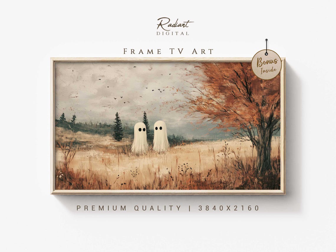 Two Cute Ghosts in Autumn Field Fall Landscape Halloween Art Poster