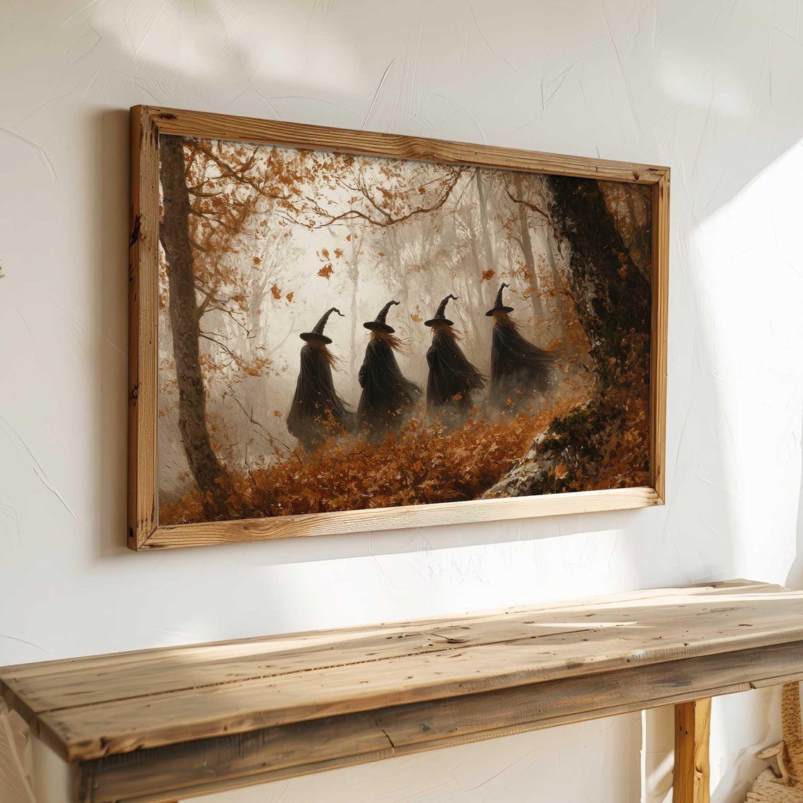 Four Witches Walking Through Misty Glowing Golden Autumn Forest Poster - Image 3