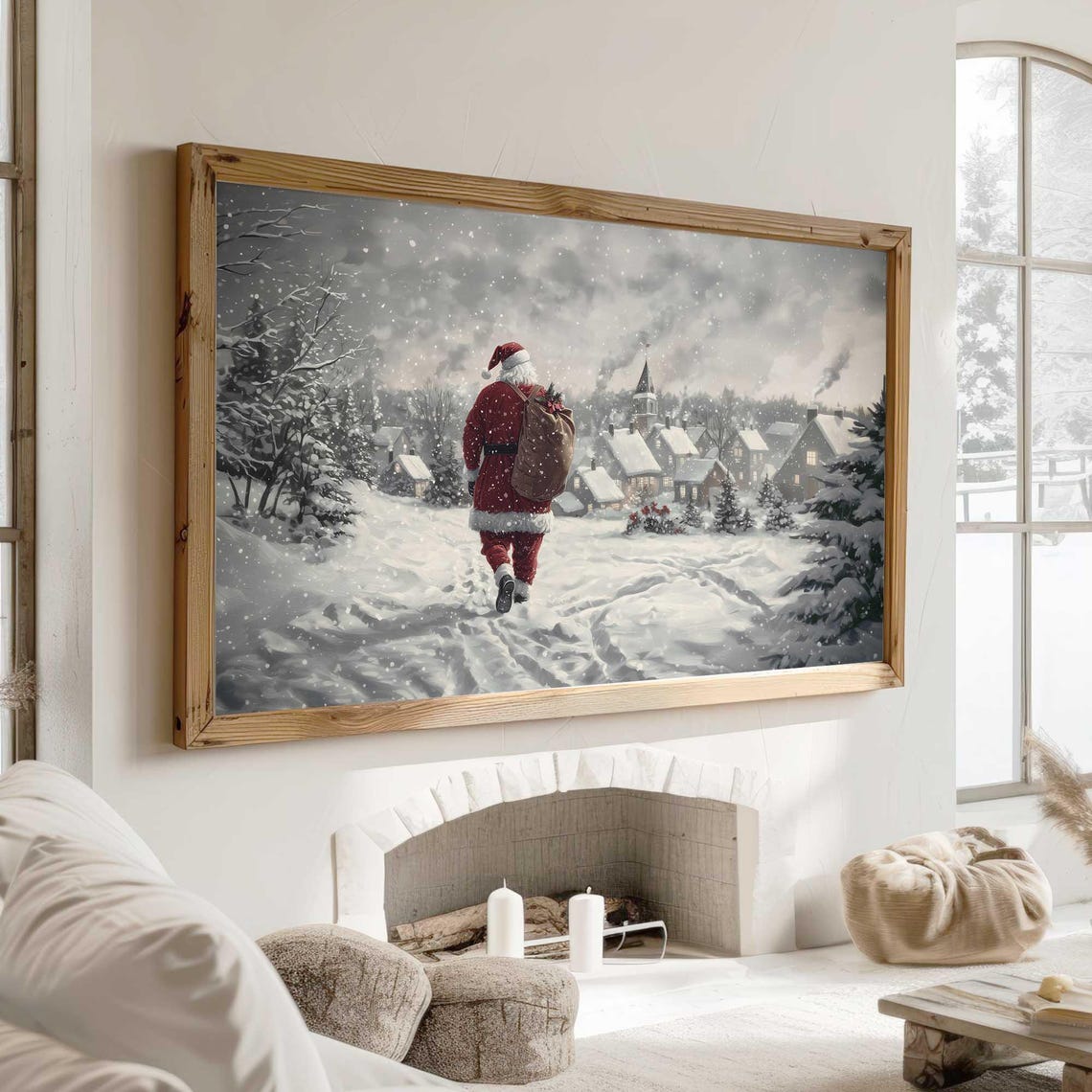 Santa Claus Walking to the Village Snowy Christmas Watercolor Poster - Image 3
