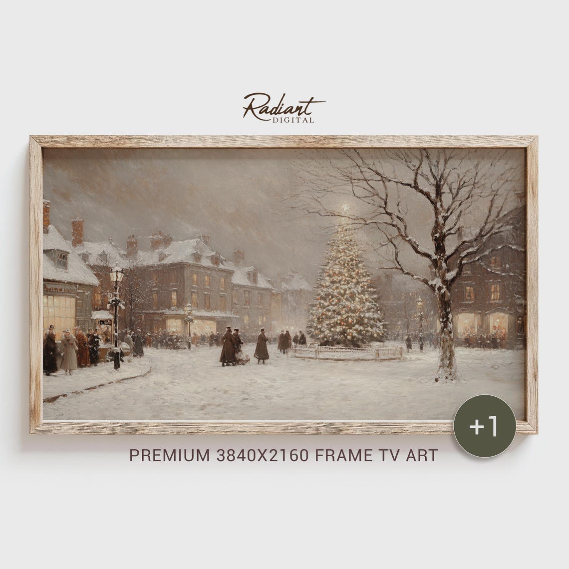 Vintage Snowy Town Square Christmas Tree Gathering Scene Poster