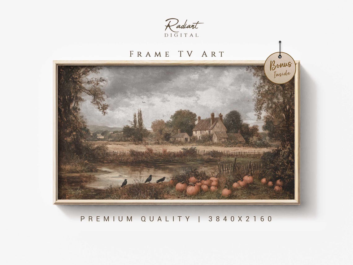 Old Rustic Farmhouse by Pond Pumpkins Crows Autumn Scene Poster