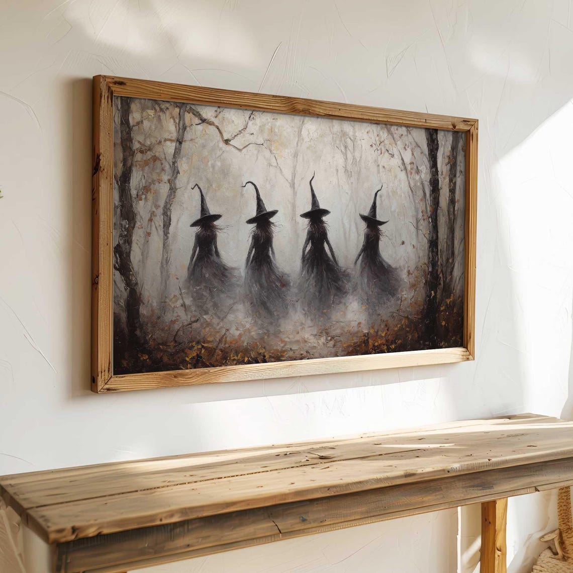 Witch Silhouettes in Foggy White Forest Gothic Halloween Art Poster - Image 3