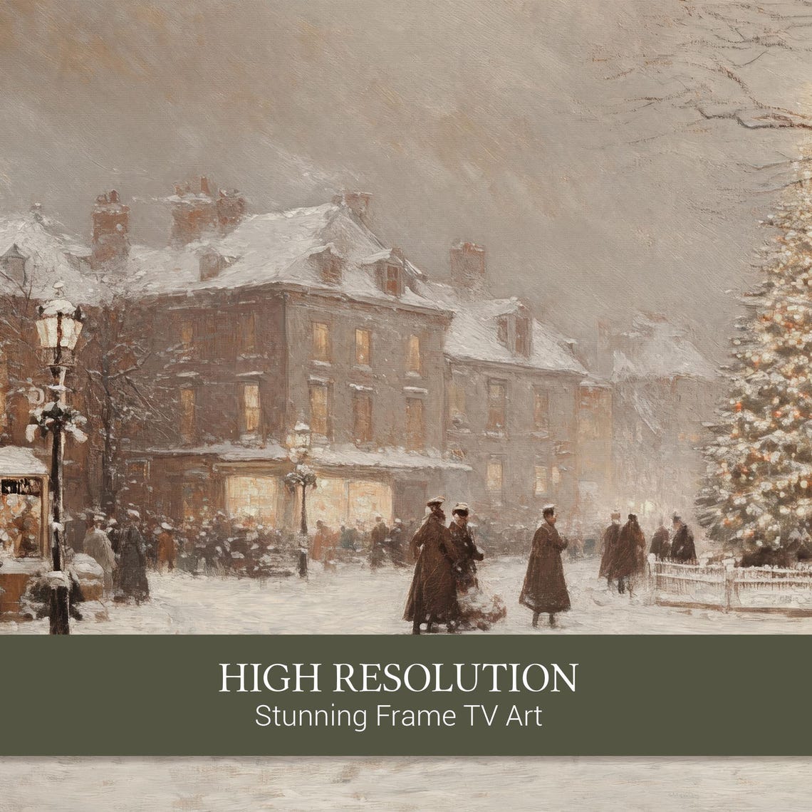 Vintage Snowy Town Square Christmas Tree Gathering Scene Poster - Image 3