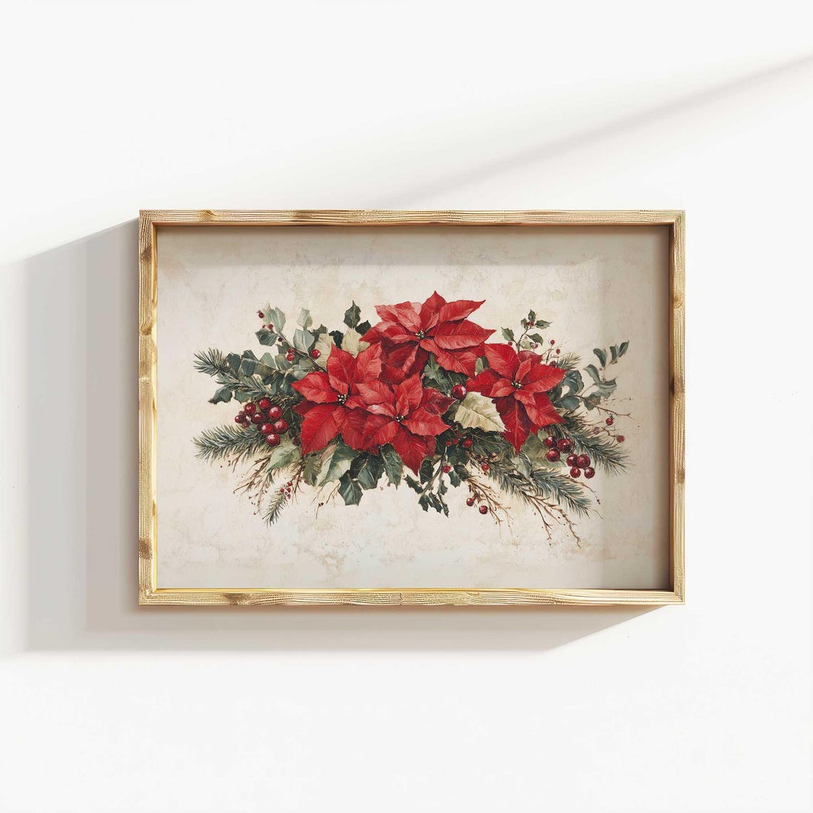 Red Poinsettia Christmas Floral Arrangement Berries Pine Wall Art - Image 5