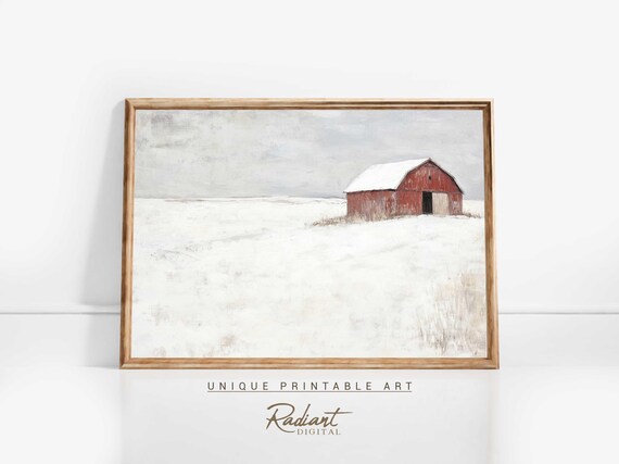 Lone Red Barn in Snowy Field Minimalist Winter Farmhouse Watercolor Poster