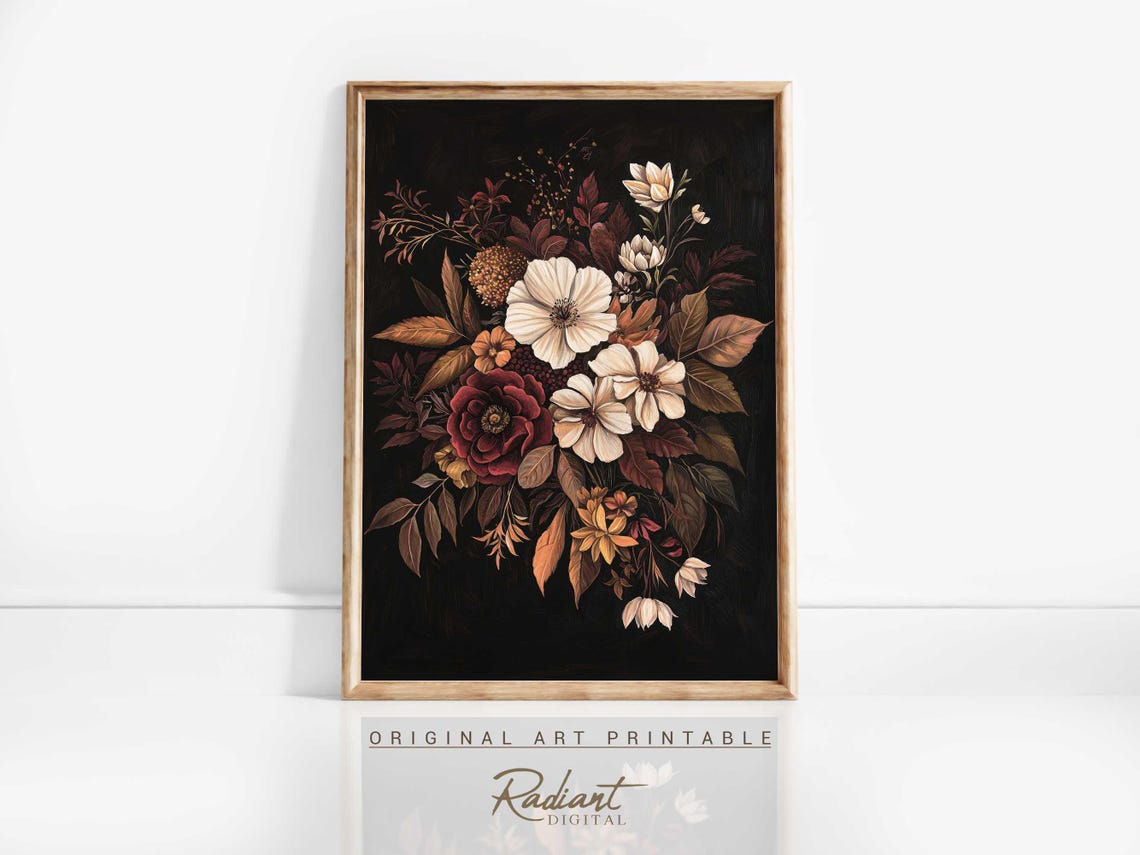 Dark Moody Floral Bouquet Vintage Botanical Oil Painting Wall Art
