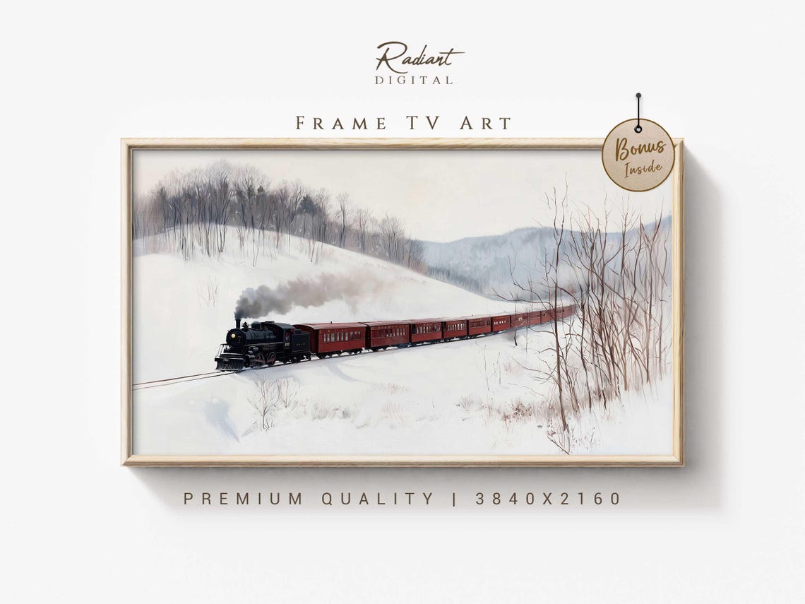 Vintage Steam Train With Red Cars Crossing Snowy Winter Wall Art