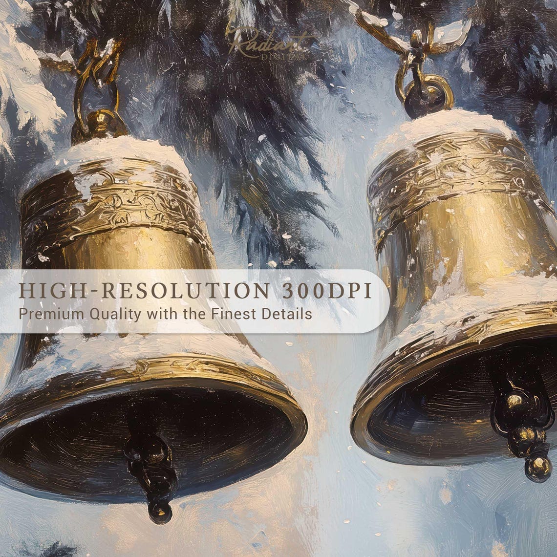 Golden Christmas Bells Snowy Pine Branches Holiday Art Poster - Image 3