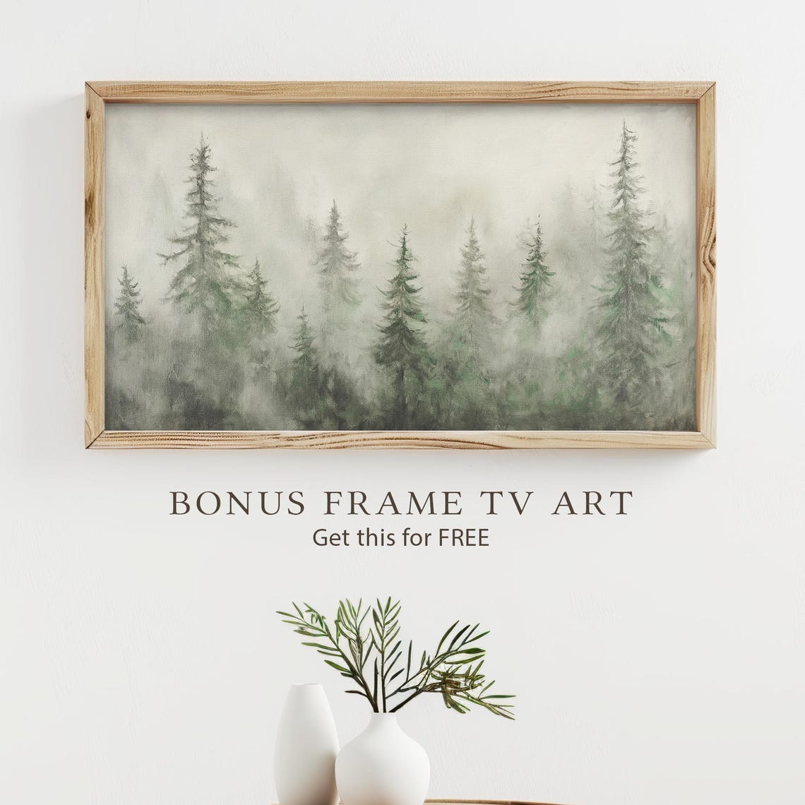 Misty Pine Forest Watercolor Frame TV Art Rustic Woodland Wall Art